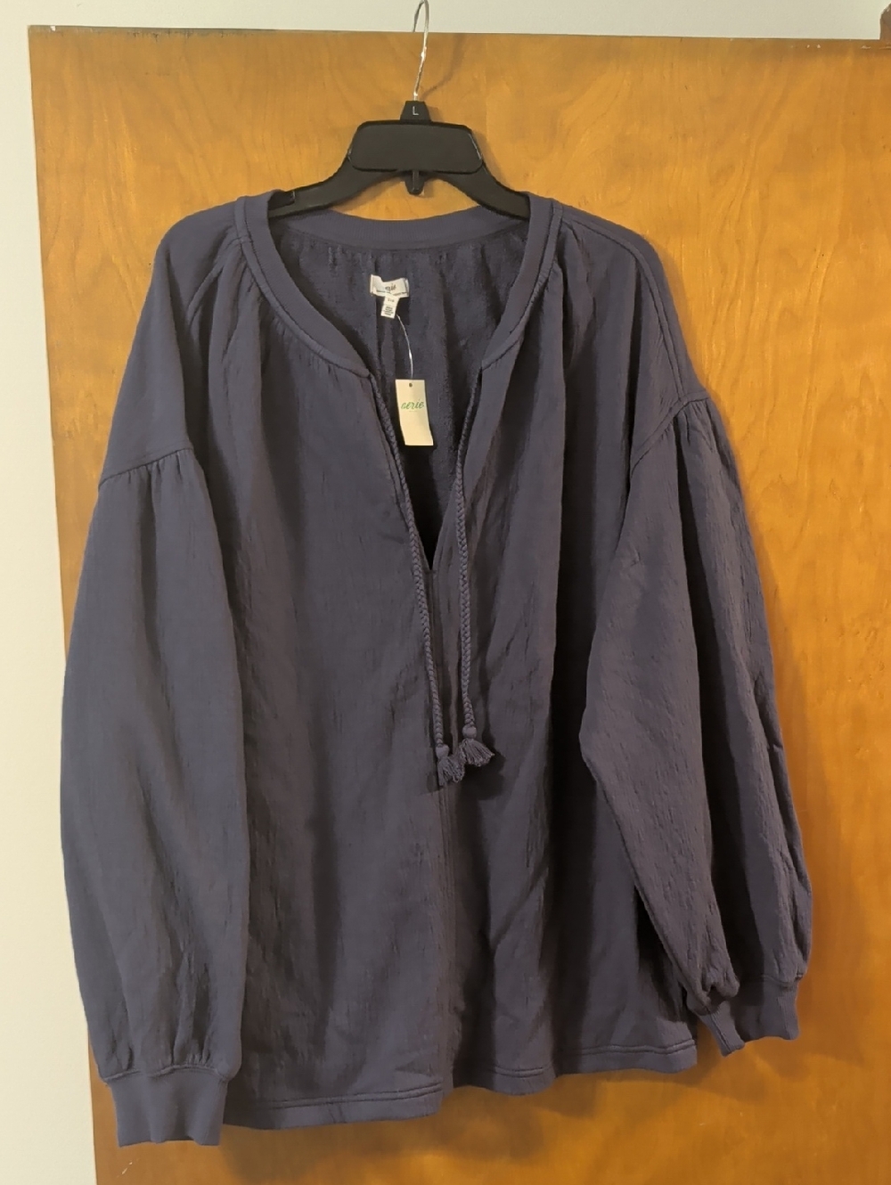 Aerie Navy Long-Sleeve Peasant Pullover with Tassel Tie